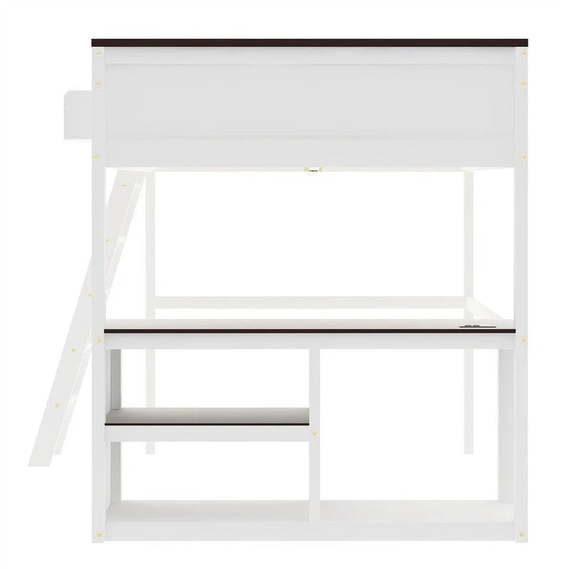 Lit mezzanine taille Queen avec bureau intégré et boîte de rangement, cadre de lit mezzanine en bois avec étagère ouverte et station de charge USB