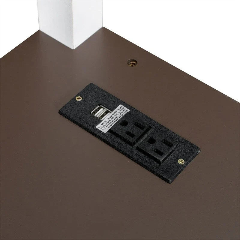 Lit mezzanine taille Queen avec bureau intégré et boîte de rangement, cadre de lit mezzanine en bois avec étagère ouverte et station de charge USB