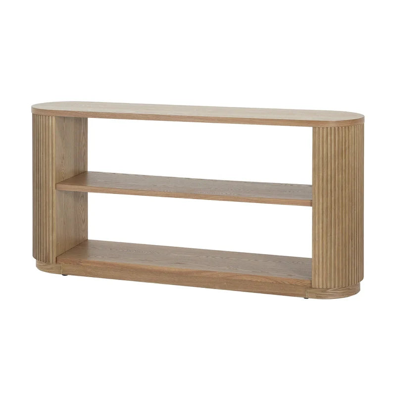 Console étroite d'entrée moderne - Table de canapé mince avec étagère ouverte et grain de bois élégant, table de couloir multifonctionnelle