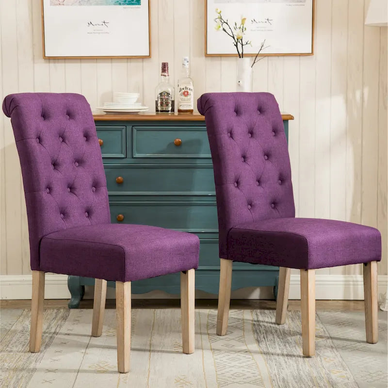Lot de 2 chaises de salle à manger modernes avec dossier capitonné à boutons, assise coussinée, pieds en bois massif pour salle à manger, salon ou chambre