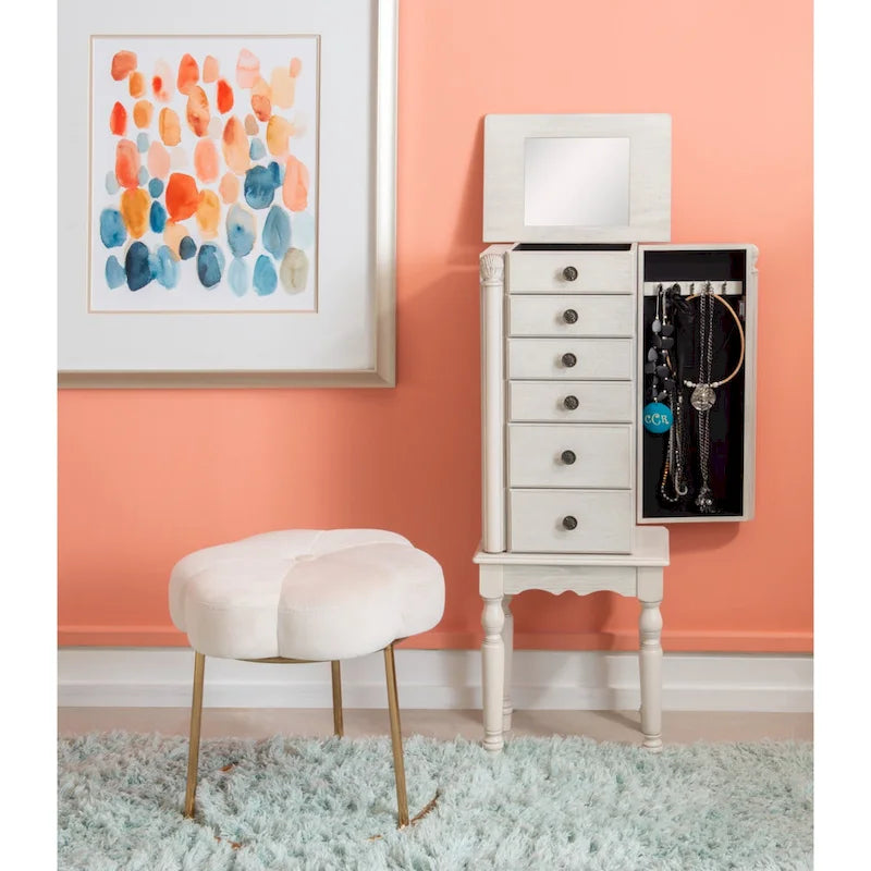 Armoire à bijoux avec 6 tiroirs de rangement et panneaux lateraux - 37 - Crème