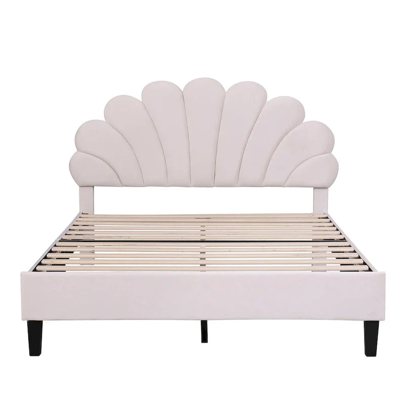 Lit plateforme pleine grandeur classique Cadre de lit rembourré en velours doux avec tête de lit à motif floral, AUCUN sommier tapissier requis