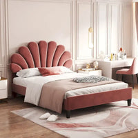 Lit plateforme pleine grandeur classique Cadre de lit rembourré en velours doux avec tête de lit à motif floral, AUCUN sommier tapissier requis