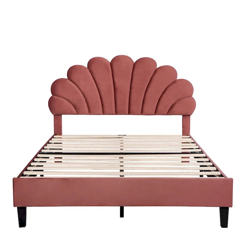 Lit plateforme pleine grandeur classique Cadre de lit rembourré en velours doux avec tête de lit à motif floral, AUCUN sommier tapissier requis