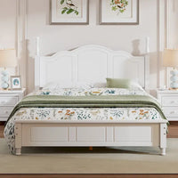 Lit plateforme queen size de style rétro, cadre de lit plateforme en bois avec support en lattes de bois massif et tête de lit incurvée
