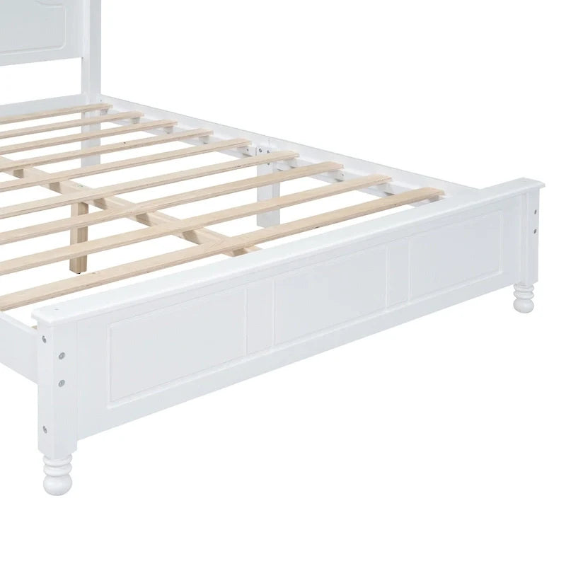 Lit plateforme queen size de style rétro, cadre de lit plateforme en bois avec support en lattes de bois massif et tête de lit incurvée
