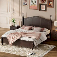 Lit plateforme queen size de style rétro, cadre de lit plateforme en bois avec support en lattes de bois massif et tête de lit incurvée