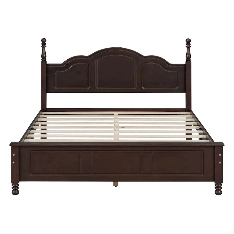 Lit plateforme queen size de style rétro, cadre de lit plateforme en bois avec support en lattes de bois massif et tête de lit incurvée