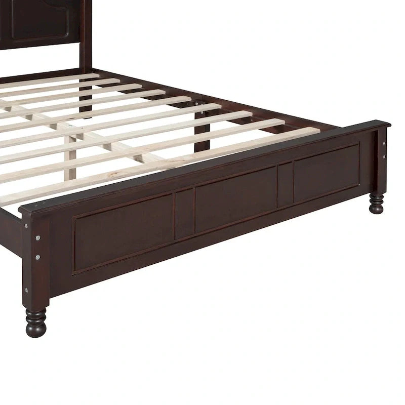 Lit plateforme queen size de style rétro, cadre de lit plateforme en bois avec support en lattes de bois massif et tête de lit incurvée
