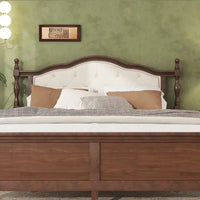 Lit Queen en bois de pin avec tête de lit capitonnée et pied de lit à panneaux, rangement dissimulé, noyer