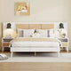 Lit Queen Size en Bois Massif avec 2 Tables de Chevet, Lampes Intégrées, Design Rotin et Bois, Blanc