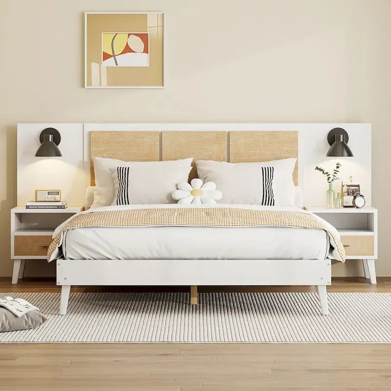 Lit Queen Size en Bois Massif avec 2 Tables de Chevet, Lampes Intégrées, Design Rotin et Bois, Blanc