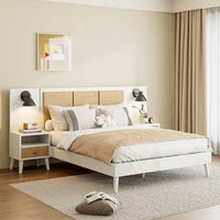 Lit Queen Size en Bois Massif avec 2 Tables de Chevet, Lampes Intégrées, Design Rotin et Bois, Blanc