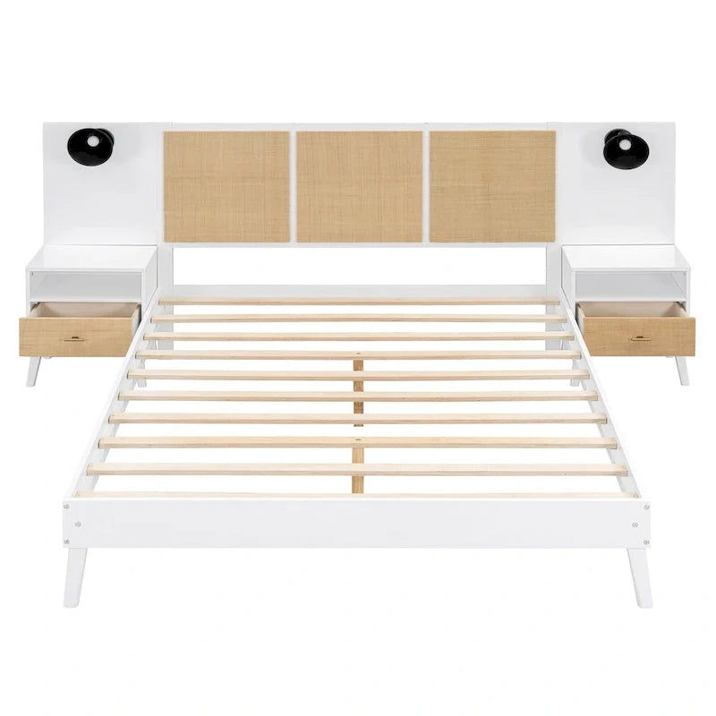 Lit Queen Size en Bois Massif avec 2 Tables de Chevet, Lampes Intégrées, Design Rotin et Bois, Blanc