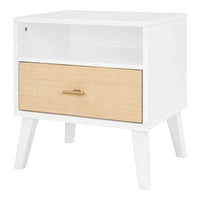 Lit Queen Size en Bois Massif avec 2 Tables de Chevet, Lampes Intégrées, Design Rotin et Bois, Blanc