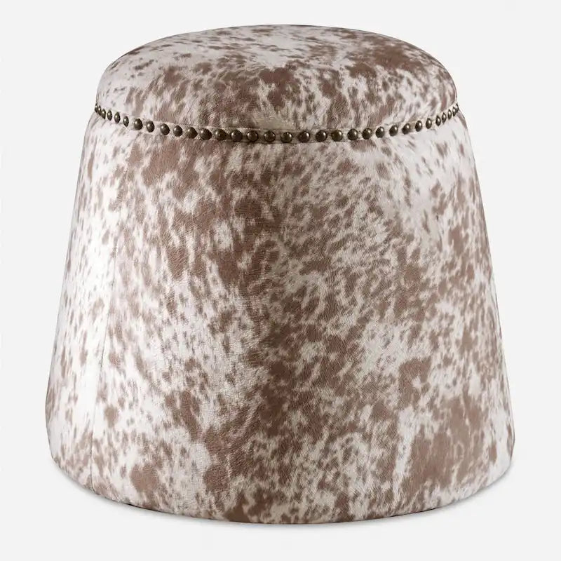 Pouf Repose-Pieds en Peau de Vache avec Clous Décoratifs - 17 - Marron et Blanc