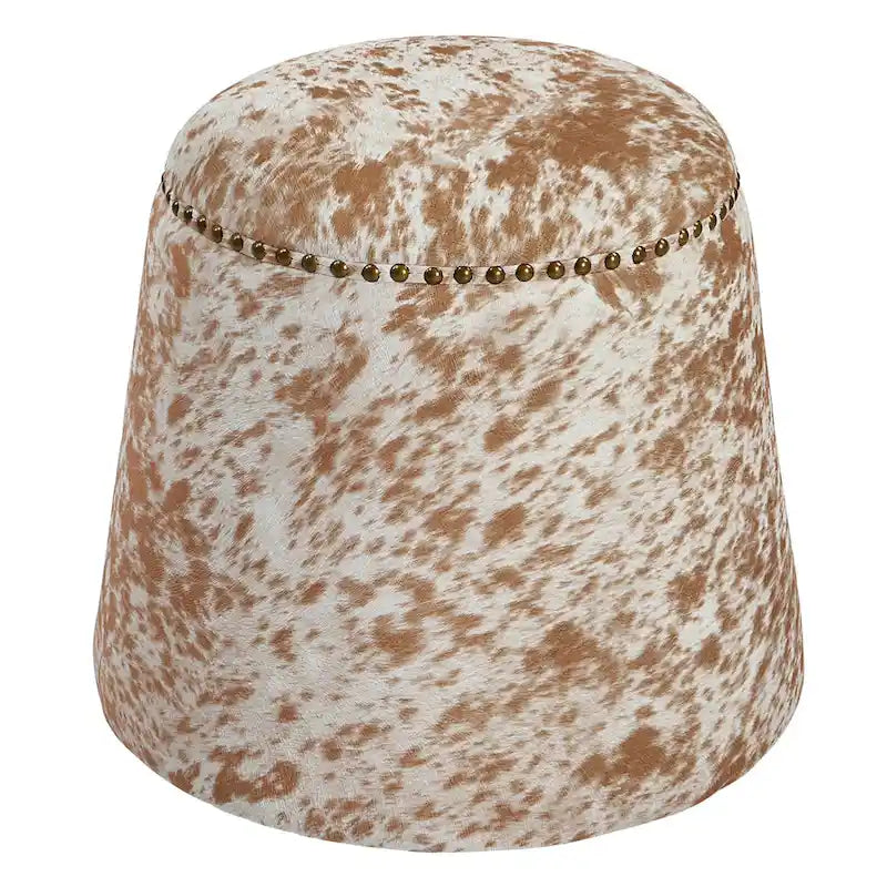 Pouf Repose-Pieds en Peau de Vache avec Clous Décoratifs - 17 - Marron et Blanc