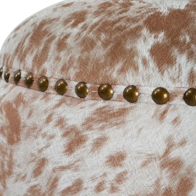 Pouf Repose-Pieds en Peau de Vache avec Clous Décoratifs - 17 - Marron et Blanc