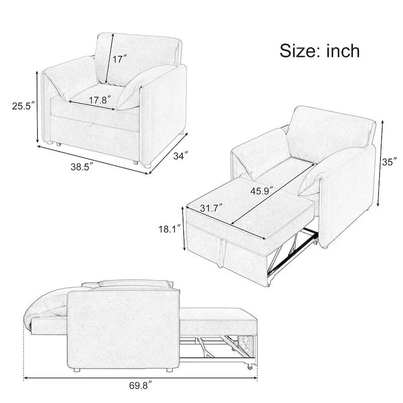 Canapé-lit convertible Roomfitters, fauteuil-lit 3 en 1 avec dossier réglable et coussins épais, structure en lin