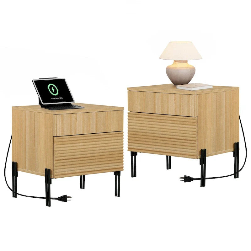 WAMPAT Table de Chevet Cannelée avec Station de Charge, Table d'Appoint Moderne avec 2 Tiroirs