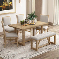 Ensemble de salle à manger 6 pièces, mobilier de cuisine en bois avec table rectangulaire en acacia, 4 chaises et 1 banc