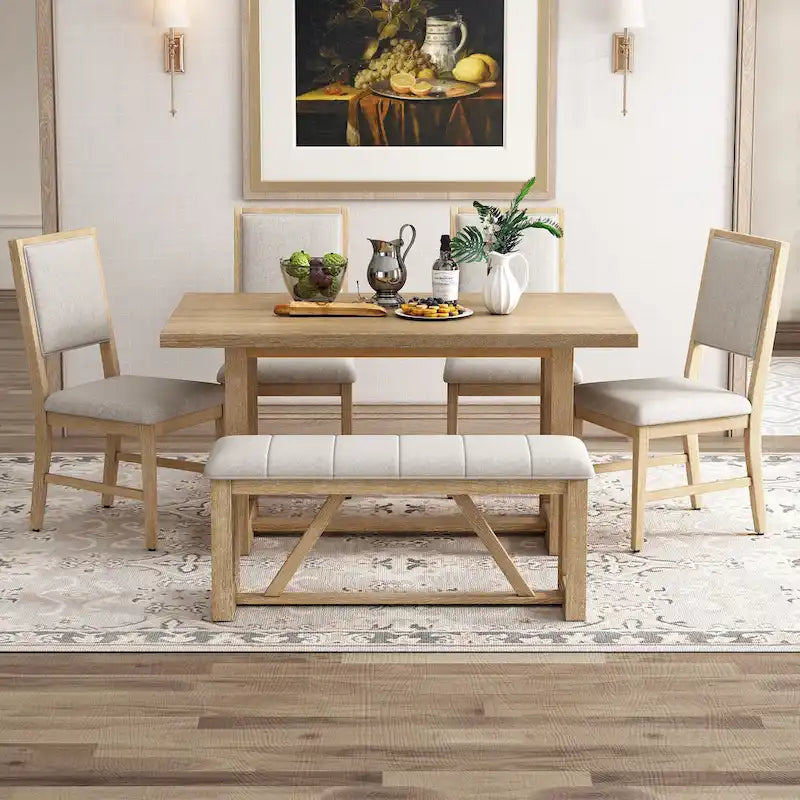 Ensemble de salle à manger 6 pièces, mobilier de cuisine en bois avec table rectangulaire en acacia, 4 chaises et 1 banc