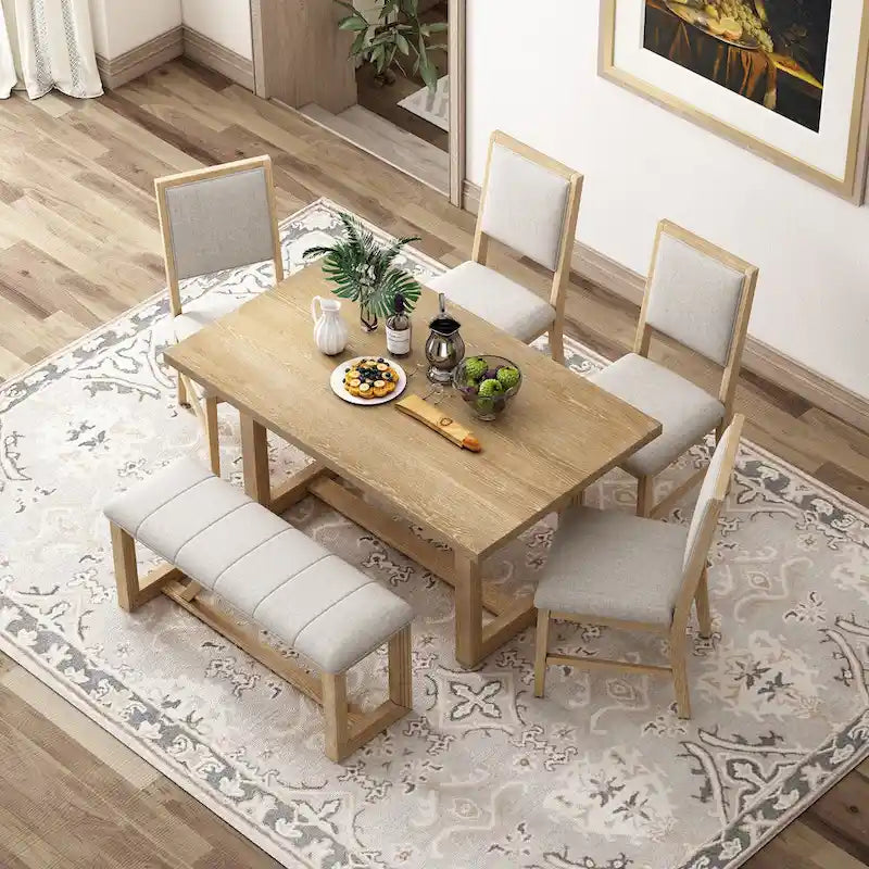 Ensemble de salle à manger 6 pièces, mobilier de cuisine en bois avec table rectangulaire en acacia, 4 chaises et 1 banc