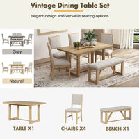 Ensemble de salle à manger 6 pièces, mobilier de cuisine en bois avec table rectangulaire en acacia, 4 chaises et 1 banc