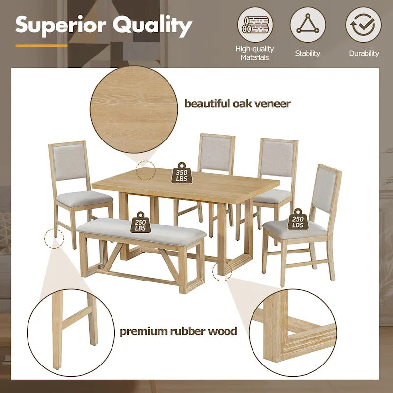 Ensemble de salle à manger 6 pièces, mobilier de cuisine en bois avec table rectangulaire en acacia, 4 chaises et 1 banc