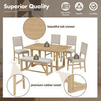 Ensemble de salle à manger 6 pièces, mobilier de cuisine en bois avec table rectangulaire en acacia, 4 chaises et 1 banc