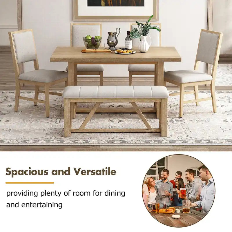 Ensemble de salle à manger 6 pièces, mobilier de cuisine en bois avec table rectangulaire en acacia, 4 chaises et 1 banc