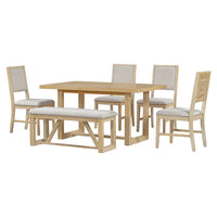 Ensemble de salle à manger 6 pièces, mobilier de cuisine en bois avec table rectangulaire en acacia, 4 chaises et 1 banc