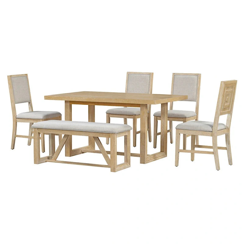Ensemble de salle à manger 6 pièces, mobilier de cuisine en bois avec table rectangulaire en acacia, 4 chaises et 1 banc
