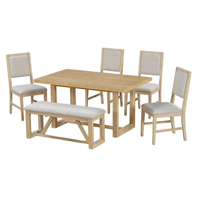 Ensemble de salle à manger 6 pièces, mobilier de cuisine en bois avec table rectangulaire en acacia, 4 chaises et 1 banc