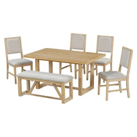 Ensemble de salle à manger 6 pièces, mobilier de cuisine en bois avec table rectangulaire en acacia, 4 chaises et 1 banc