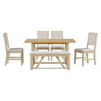 Ensemble de salle à manger 6 pièces, mobilier de cuisine en bois avec table rectangulaire en acacia, 4 chaises et 1 banc