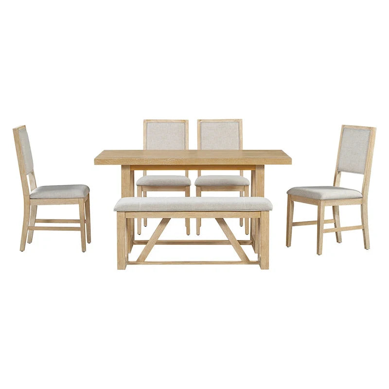 Ensemble de salle à manger 6 pièces, mobilier de cuisine en bois avec table rectangulaire en acacia, 4 chaises et 1 banc