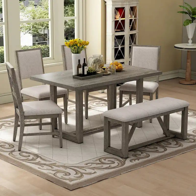 Ensemble de salle à manger 6 pièces, mobilier de cuisine en bois avec table rectangulaire en acacia, 4 chaises et 1 banc
