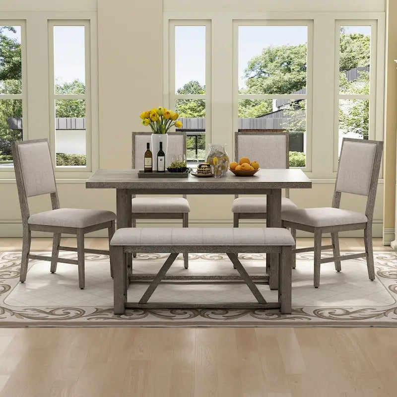 Ensemble de salle à manger 6 pièces, mobilier de cuisine en bois avec table rectangulaire en acacia, 4 chaises et 1 banc