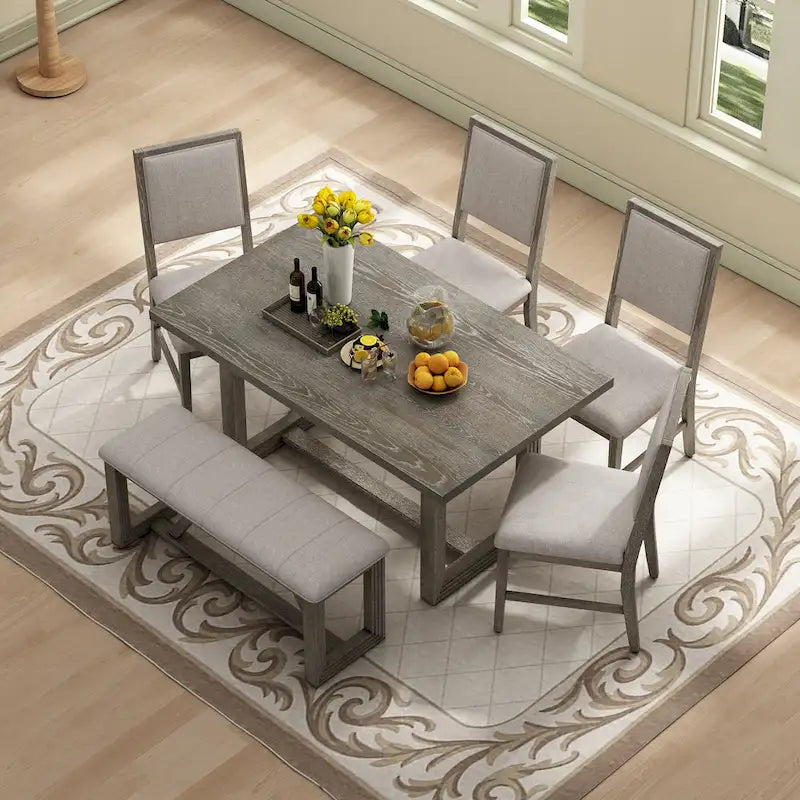 Ensemble de salle à manger 6 pièces, mobilier de cuisine en bois avec table rectangulaire en acacia, 4 chaises et 1 banc