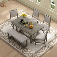 Ensemble de salle à manger 6 pièces, mobilier de cuisine en bois avec table rectangulaire en acacia, 4 chaises et 1 banc