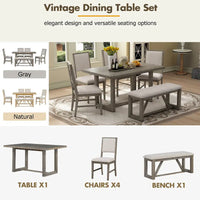 Ensemble de salle à manger 6 pièces, mobilier de cuisine en bois avec table rectangulaire en acacia, 4 chaises et 1 banc