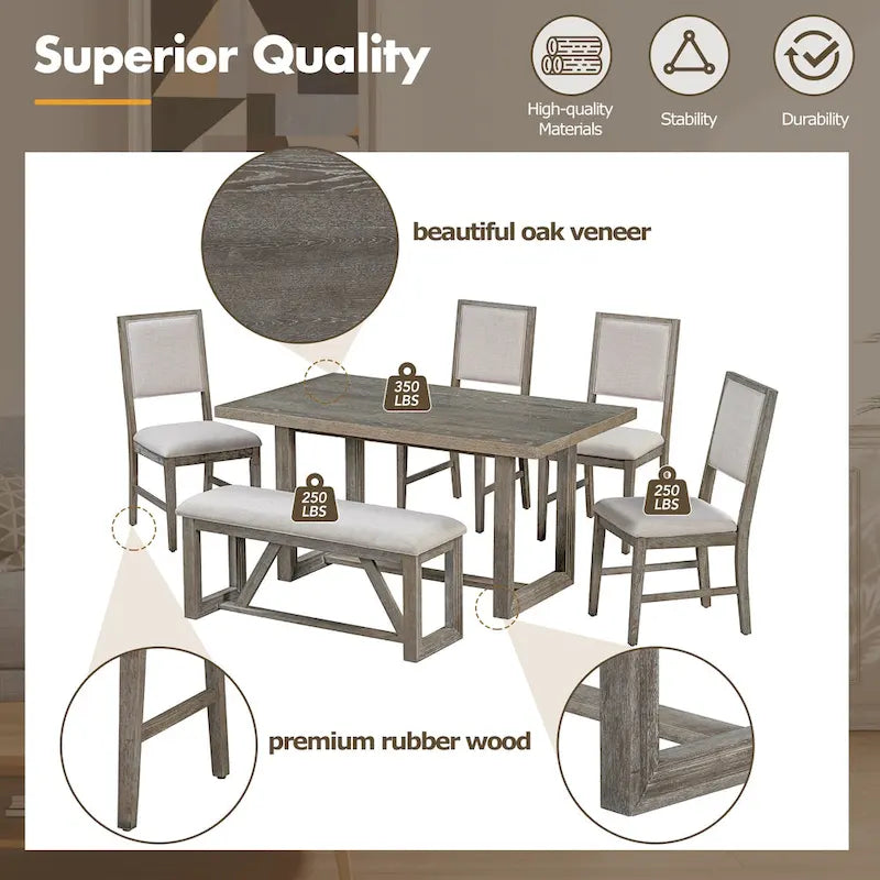 Ensemble de salle à manger 6 pièces, mobilier de cuisine en bois avec table rectangulaire en acacia, 4 chaises et 1 banc