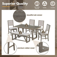 Ensemble de salle à manger 6 pièces, mobilier de cuisine en bois avec table rectangulaire en acacia, 4 chaises et 1 banc