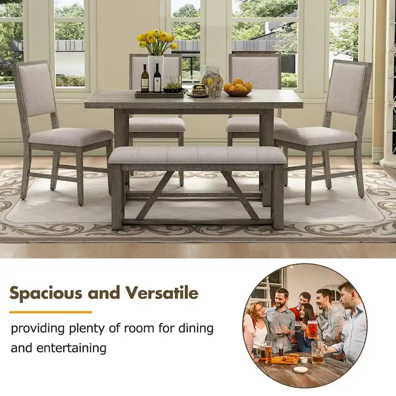 Ensemble de salle à manger 6 pièces, mobilier de cuisine en bois avec table rectangulaire en acacia, 4 chaises et 1 banc