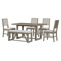 Ensemble de salle à manger 6 pièces, mobilier de cuisine en bois avec table rectangulaire en acacia, 4 chaises et 1 banc