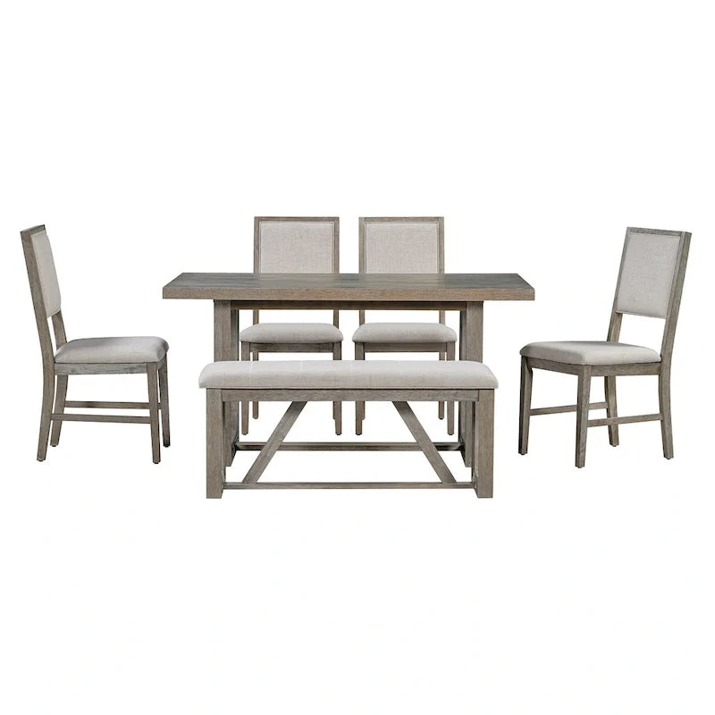 Ensemble de salle à manger 6 pièces, mobilier de cuisine en bois avec table rectangulaire en acacia, 4 chaises et 1 banc