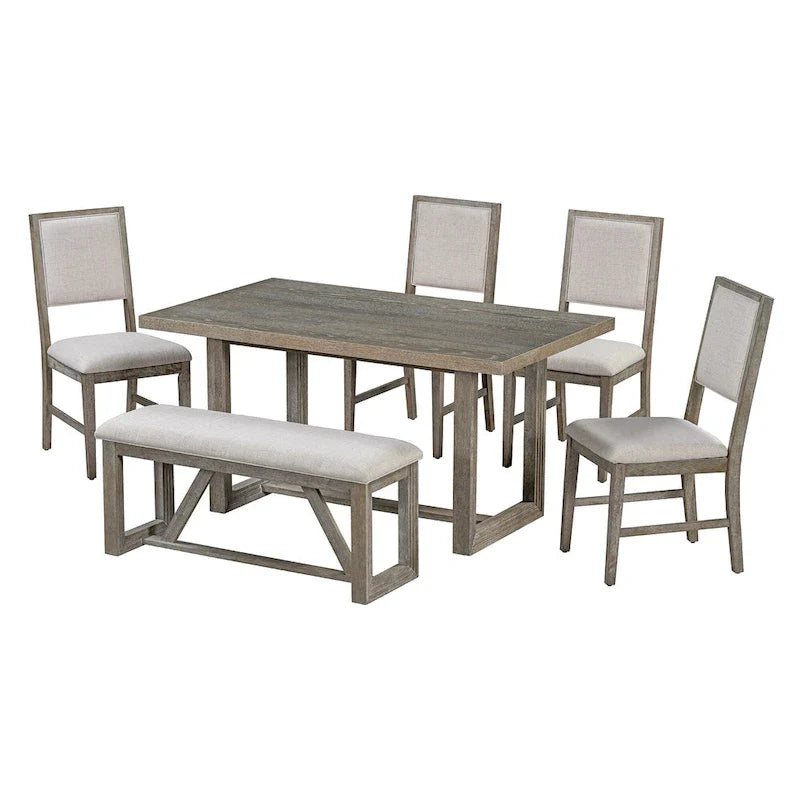 Ensemble de salle à manger 6 pièces, mobilier de cuisine en bois avec table rectangulaire en acacia, 4 chaises et 1 banc