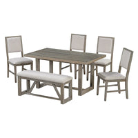 Ensemble de salle à manger 6 pièces, mobilier de cuisine en bois avec table rectangulaire en acacia, 4 chaises et 1 banc