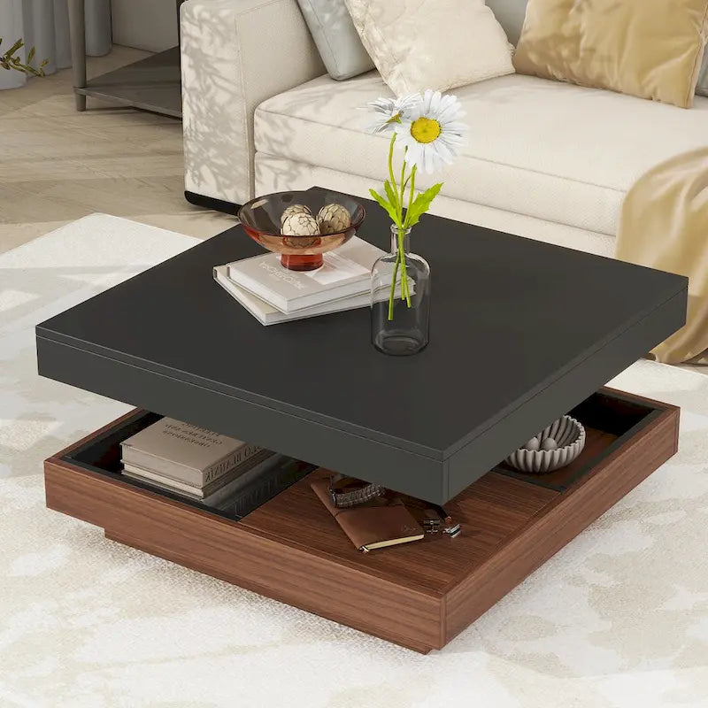 Table basse carrée à 2 niveaux rotative à 360° avec 3 plateaux amovibles